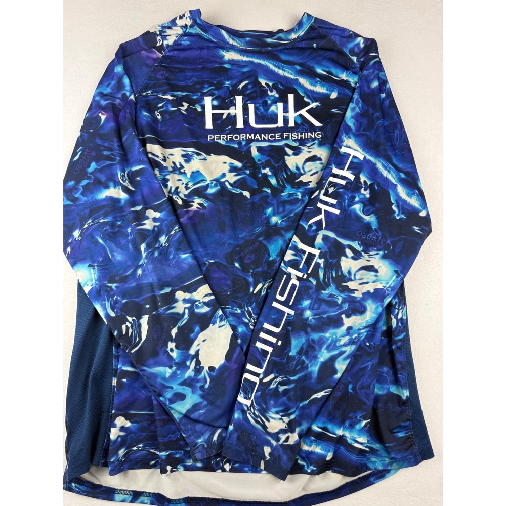 Huk Performance Fishing Mens XXL Mossy Oak Hydro Blue Long Sleeve Shirt Logo